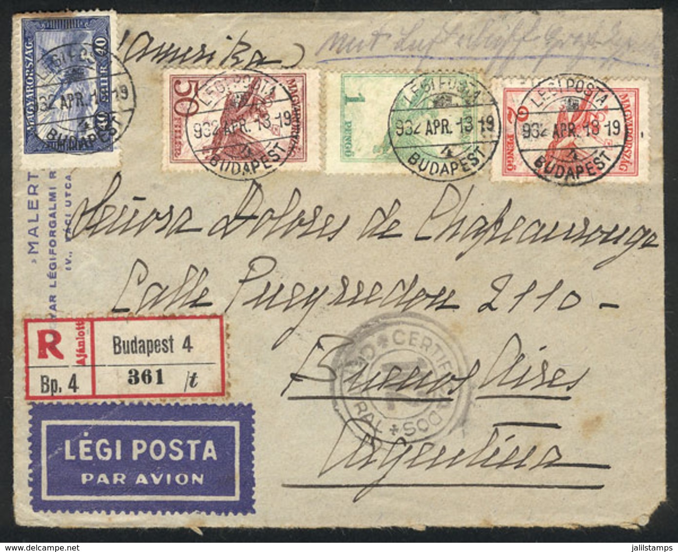 1411 HUNGARY: 13/AP/1932 Budapest - Argentina: Registered Airmail Cover Franked With 3.90p., Despite The Instruction In  - Altri & Non Classificati