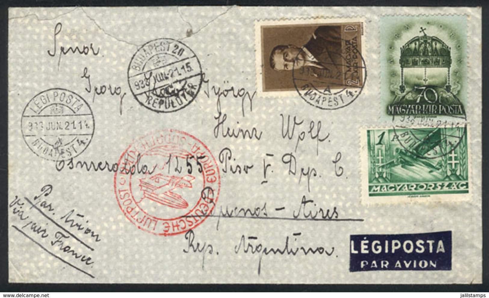 1418 HUNGARY: Airmail Cover Sent From Budapest To Argentina On 21/JUN/1938, Despite The Instruction At Lower Left ""via  - Other & Unclassified