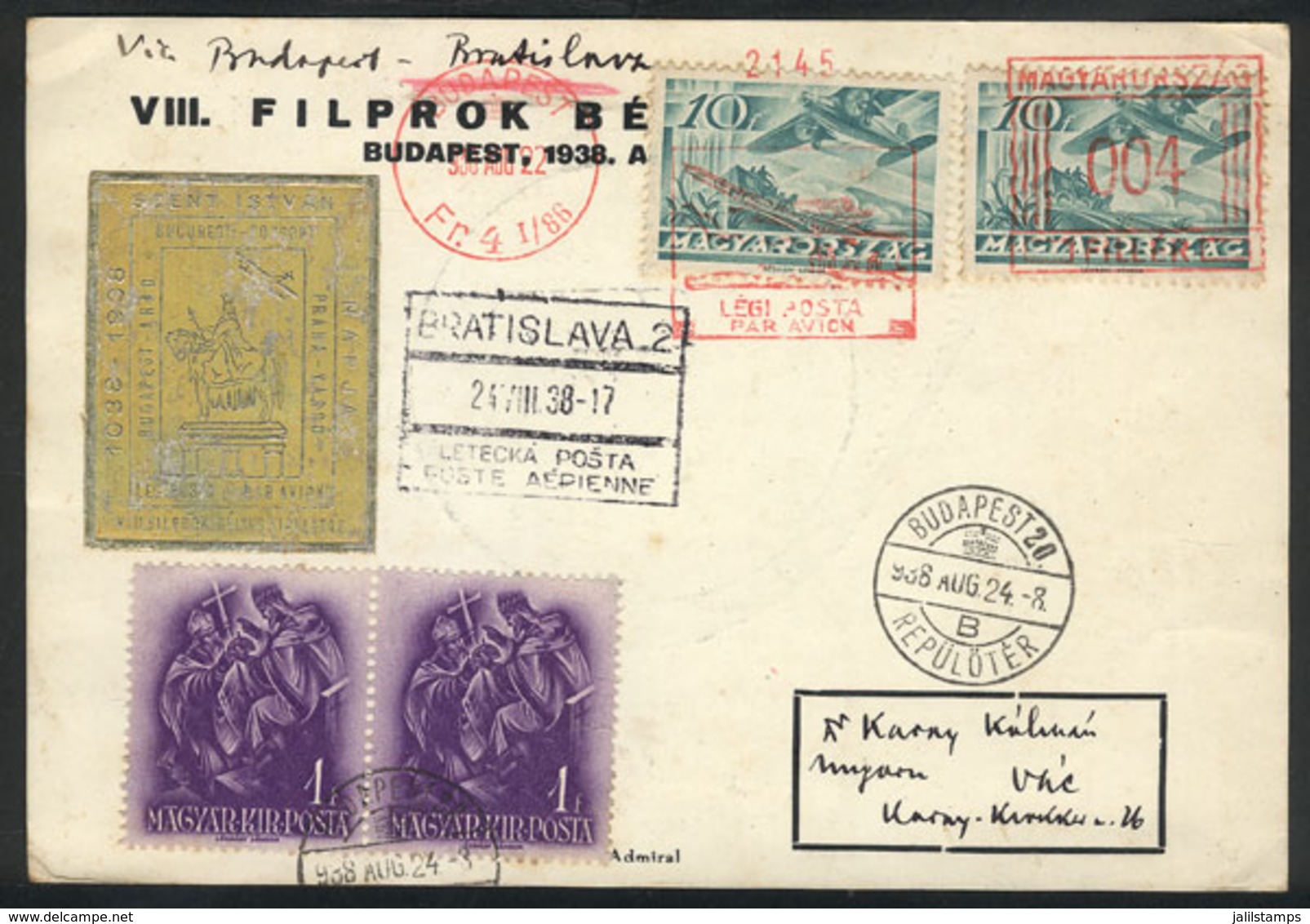 1419 HUNGARY: 22/AU/1938 Budapest - Bratislava, Card Flown On Special Flight, With Cinderella, Arrival To Bratislava And - Altri & Non Classificati