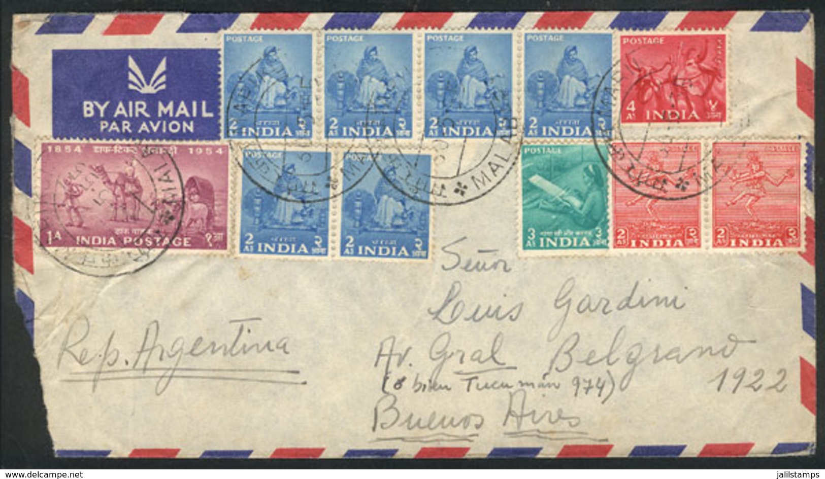 1427 INDIA: Airmail Cover Sent From Malabar To Argentina On 30/MAY/1955 With Nice Franking! - Luftpost