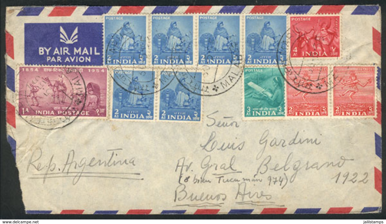 1427 INDIA: Airmail Cover Sent From Malabar To Argentina On 30/MAY/1955 With Nice Franking! - Posta Aerea