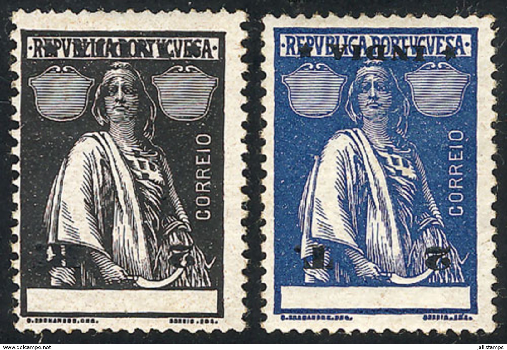 1428 PORTUGUESE INDIA: Sc.359 + 369, 1914 2r. Black And 2T. Blue, Both With Impression Of BLACK COLOR INVERTED, VF! - India Portoghese