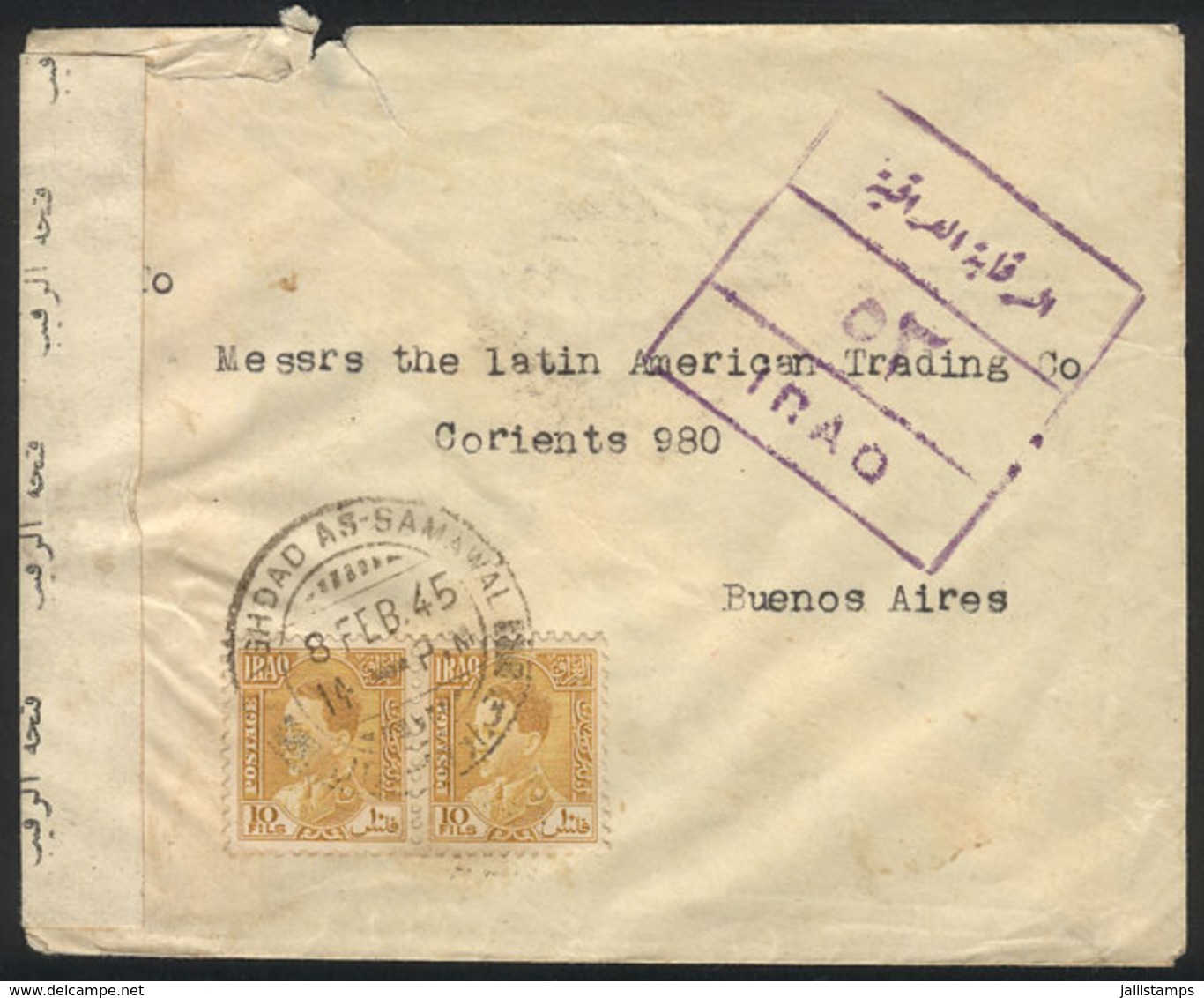 1435 IRAQ: Cover Franked With 20f. And Sent From Baghdad As-Samawal To Buenos Aires On 8/FE/1945, Interesting Censorship - Irak