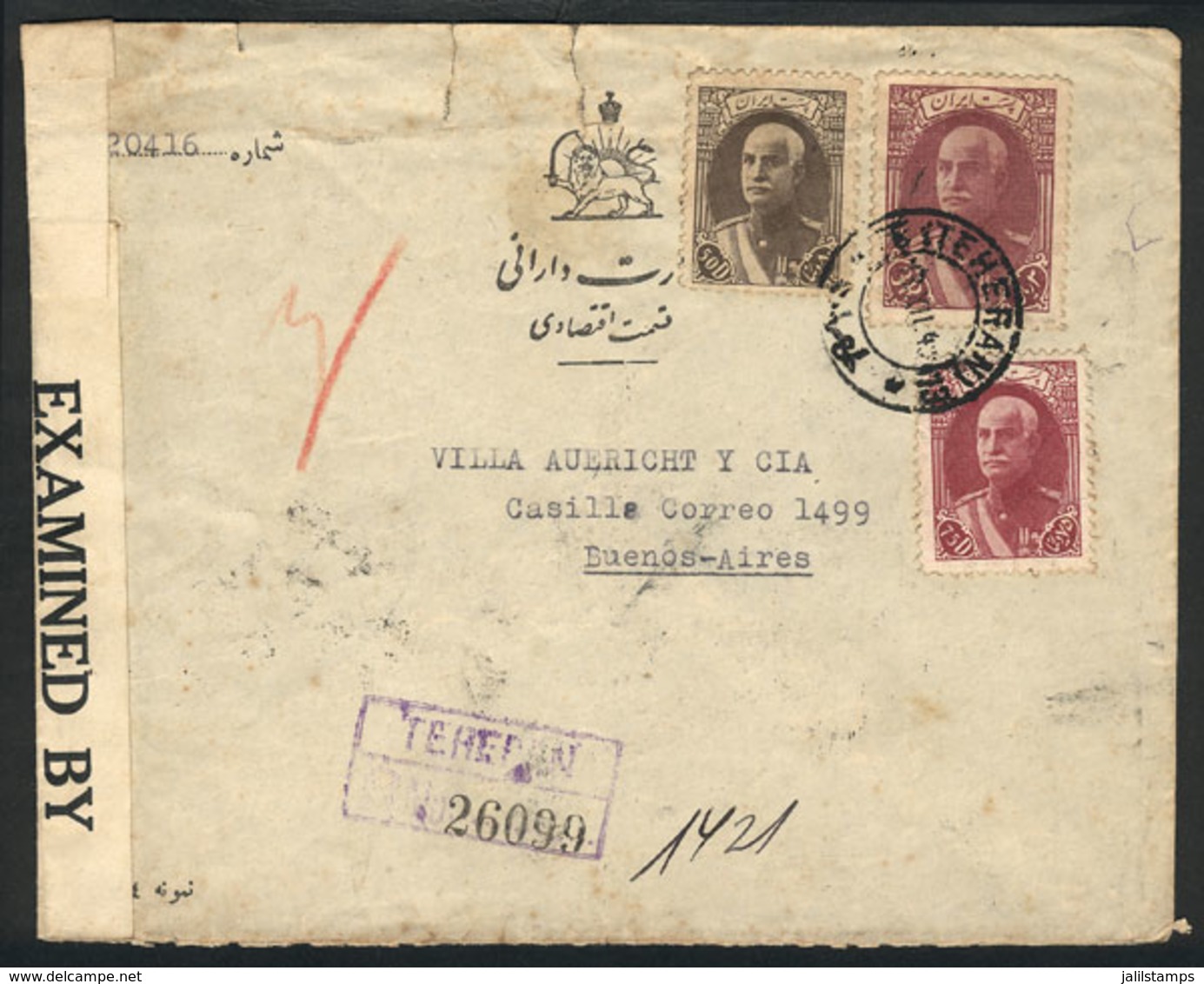 1437 IRAN: Registered Cover Sent From Teheran To Argentina On 13/DE/1941 With Nice Franking And Censored, On Back Transi - Iran