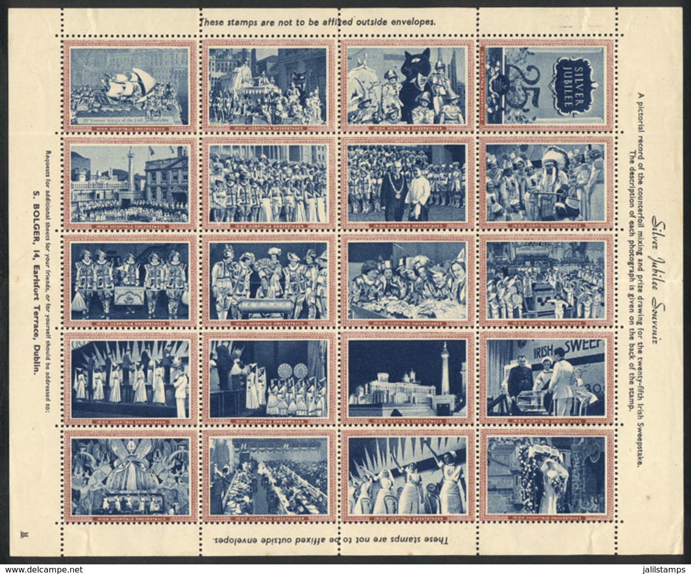 1441 IRELAND: Irish Hospitals Sweepstakes: "Silver Jubilee Souvenir"", Sheet Of 20 Cinderellas, VF Quality!" - Cinderellas