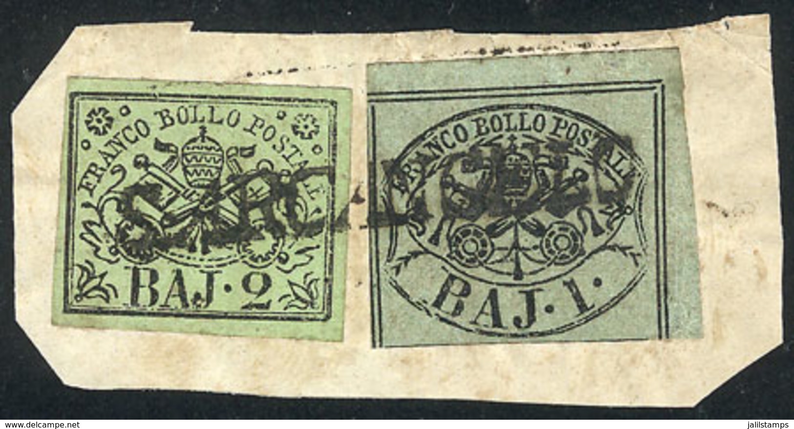 1452 ITALY: Sc.2 + 3a, Used On A Nice Fragment With Straightline ""S. ARCANGELO"" Cancel, VF Quality!" - Kirchenstaaten