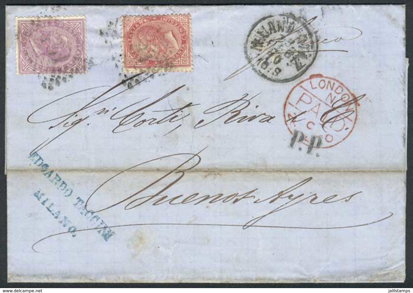 1464 ITALY: 25/FEB/1870 MILANO - ARGENTINA: Folded Cover Franked By Sc.31+32 (Sa.20+21), Sent To Buenos Aires Via Englan - Unclassified