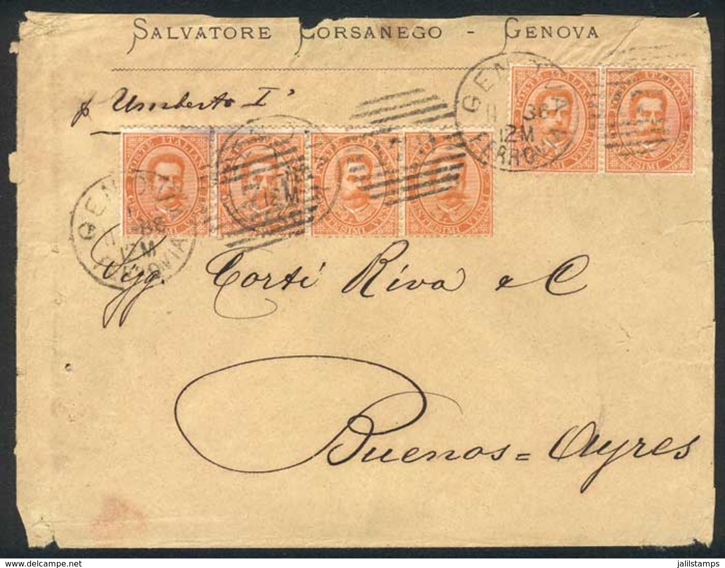 1466 ITALY: 1/NOV/1886 GENOVA - ARGENTINA: Cover Franked By Sc.47 (Sa.39) X6 (strip Of 4 + Pair), To Buenos Aires, With  - Unclassified