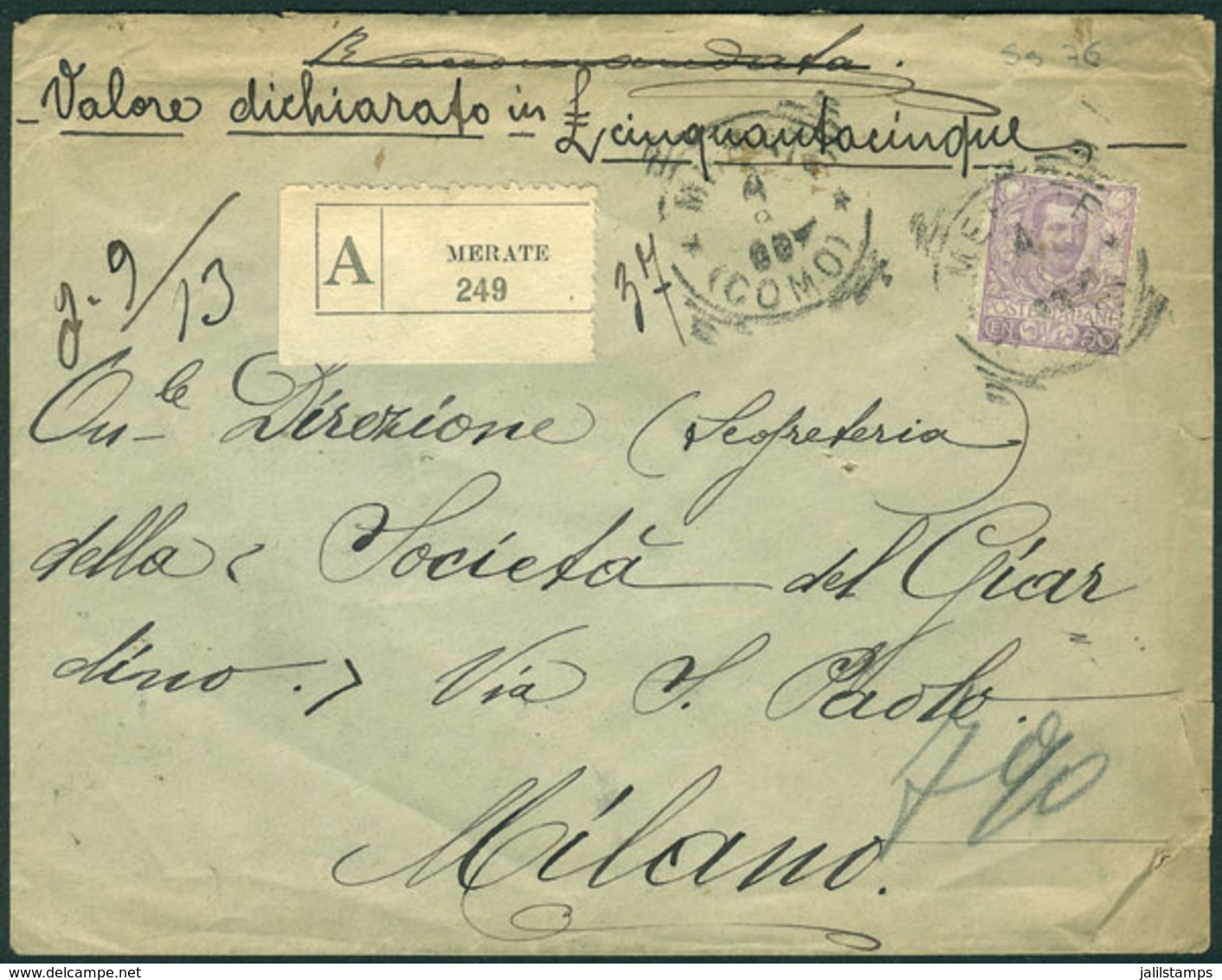 1470 ITALY: Cover Franked By Sc.85 (50c. Violet Of 1901/26) Alone, Sent With Declared Value From Merate (Como) To Milano - Unclassified