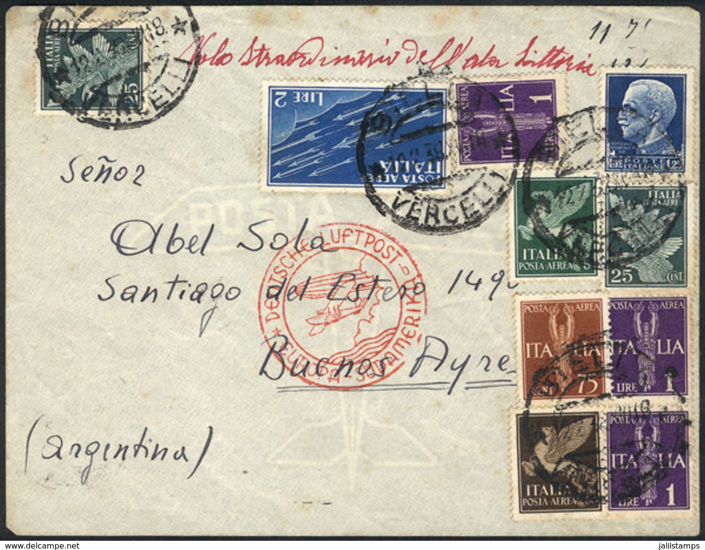1474 ITALY: 12/FE/1938 Biella - Buenos Aires: Airmail Cover Sent By DLH Franked With 13L., Very Attractive! - Ohne Zuordnung