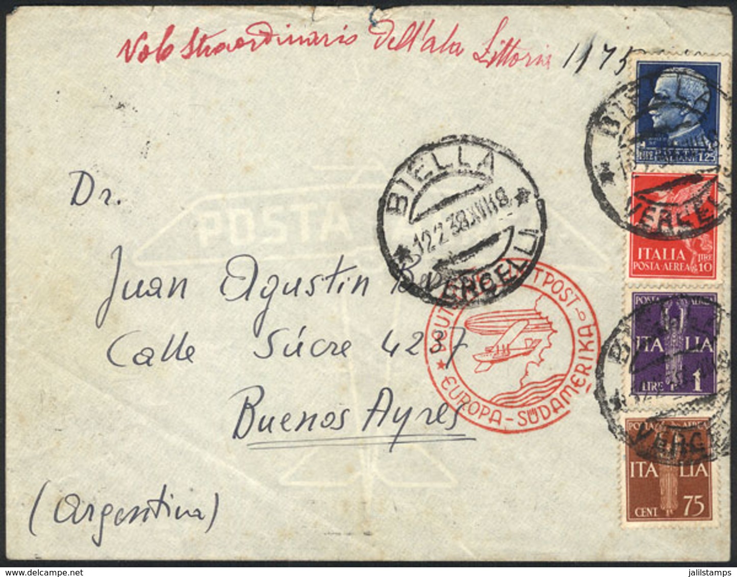 1475 ITALY: 12/FE/1938 Biella - Buenos Aires: Airmail Cover Sent By DHL Franked With 13L., Very Nice! - Non Classificati