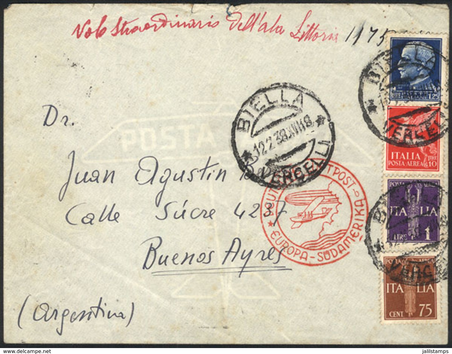 1475 ITALY: 12/FE/1938 Biella - Buenos Aires: Airmail Cover Sent By DHL Franked With 13L., Very Nice! - Unclassified