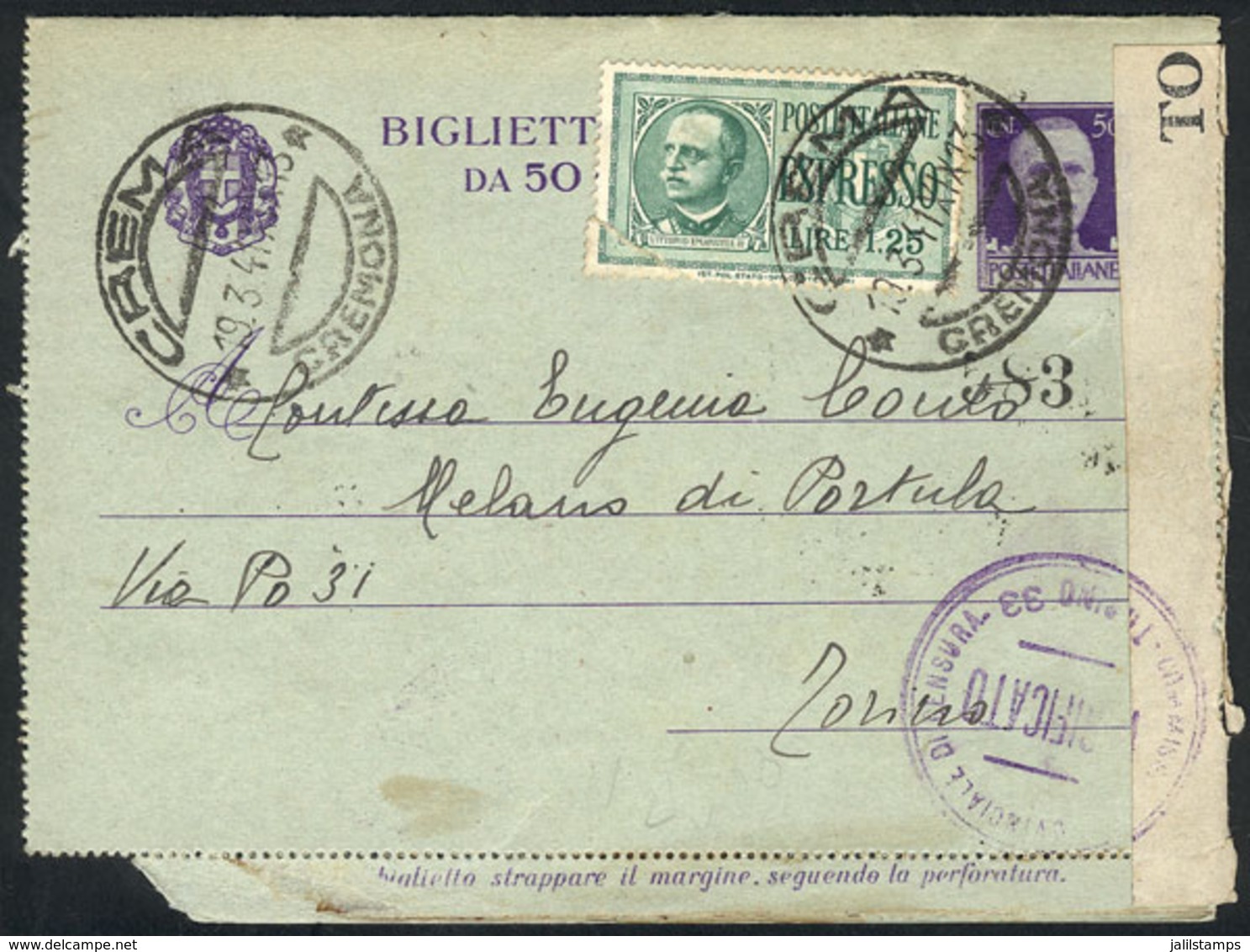 1477 ITALY: 50c. Letter Card (biglietto Postale) + Express Stamp Of 1.25L., Sent From Crema To Torino On 19/MAR/1941, Wi - Unclassified