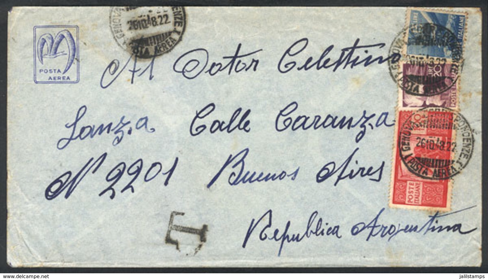1478 ITALY: 26/OC/1948 Genova - Buenos Aires: Airmail Cover Franked With 135L., With ""T"" Due Mark And Arrival Backstam - Ohne Zuordnung