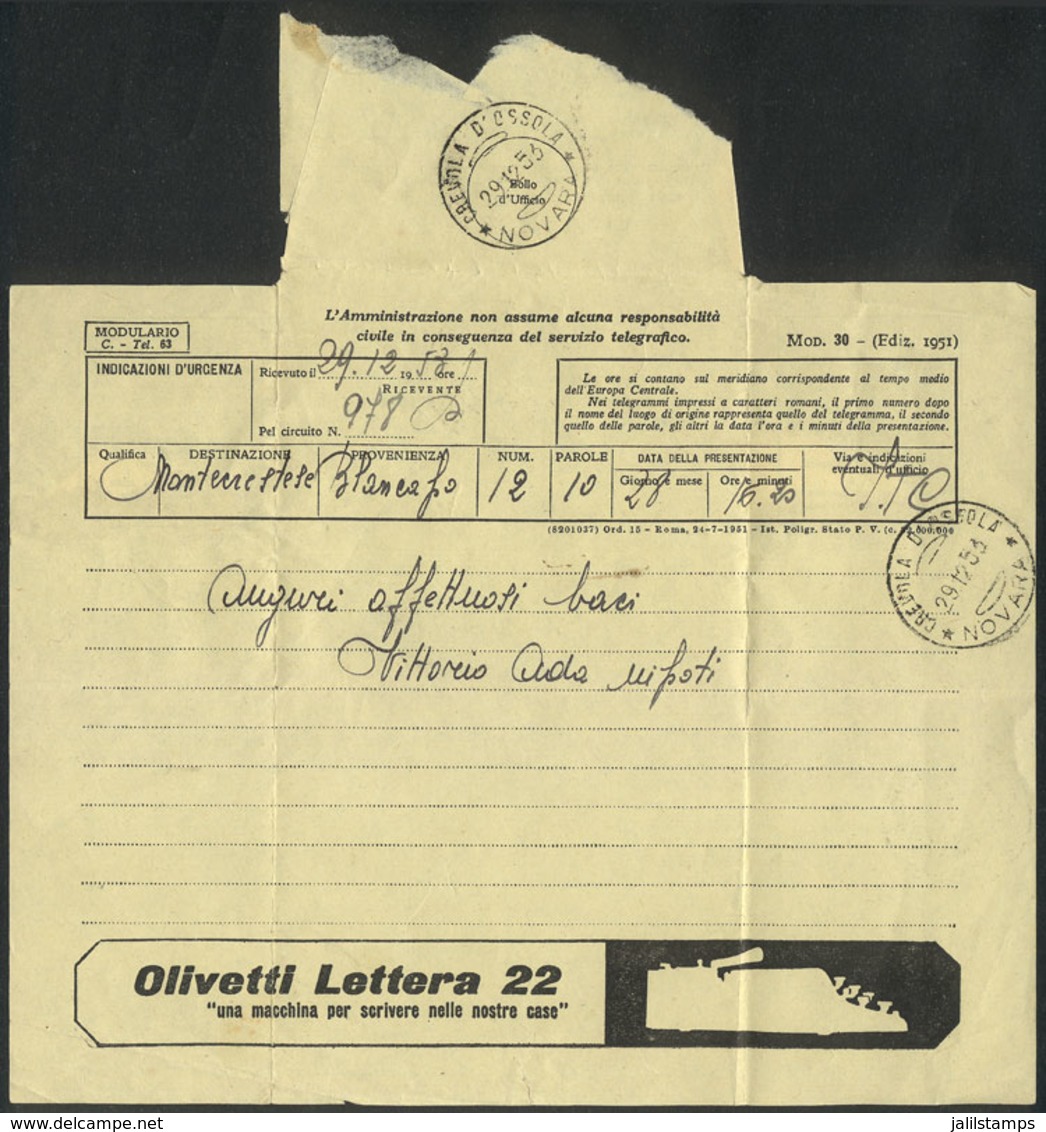 1479 ITALY: Telegram With ADVERTISEMENT Of Olivetti Typewriters, Sent On 29/DE/1923, Very Nice! - Unclassified