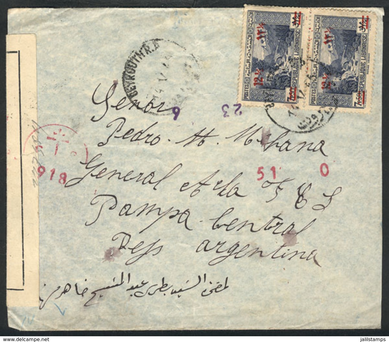 1520 LEBANON: Airmail Cover Sent To Argentina On 14/MAY/1945, With Interesting CENSORSHIP, Very Nice! - Libano