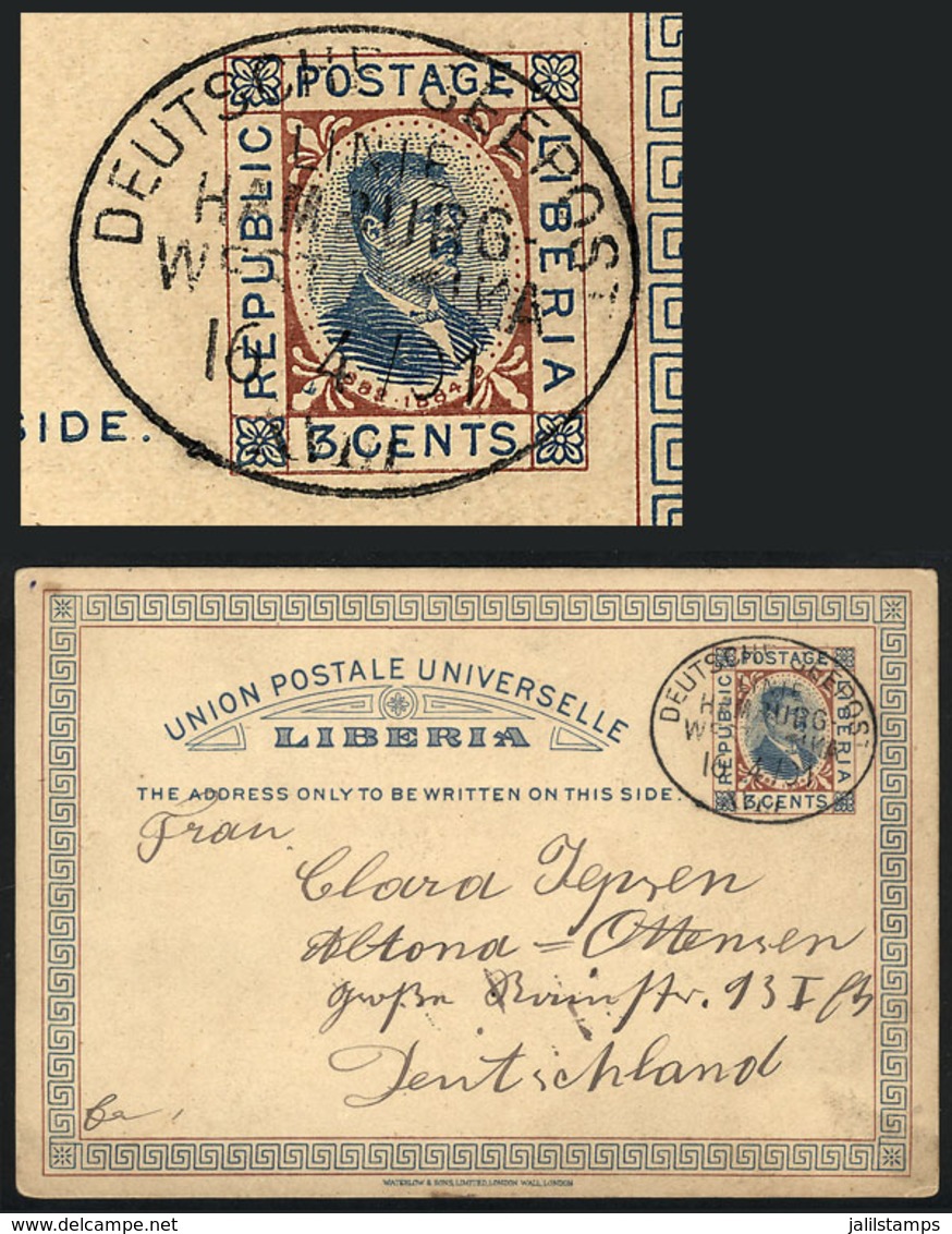 1524 LIBERIA: 3c. Postal Card With Cancel Of GERMAN SHIP, Sent To Germany On 16/AP/1901, Excellent Quality, Rare! - Liberia