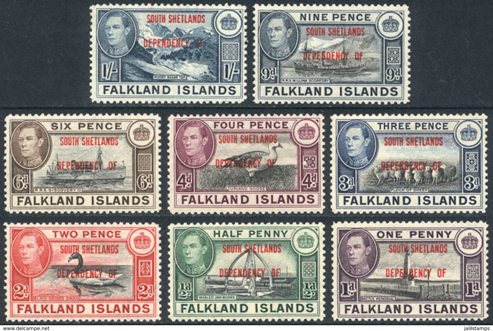 1562 FALKLAND ISLANDS/MALVINAS: Sc.5L1/5L8, 1944 Complete Set Of 8 Overprinted Values, Unmounted And Of Excellent Qualit - Falkland