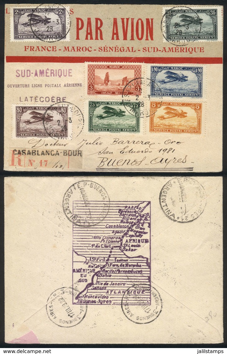 1567 MOROCCO: 2/MAR/1928 Casablanca - Buenos Aires, FIRST FLIGHT Of Latécoére Airlines, Nice Multicolor Postage, Special - Morocco (1956-...)