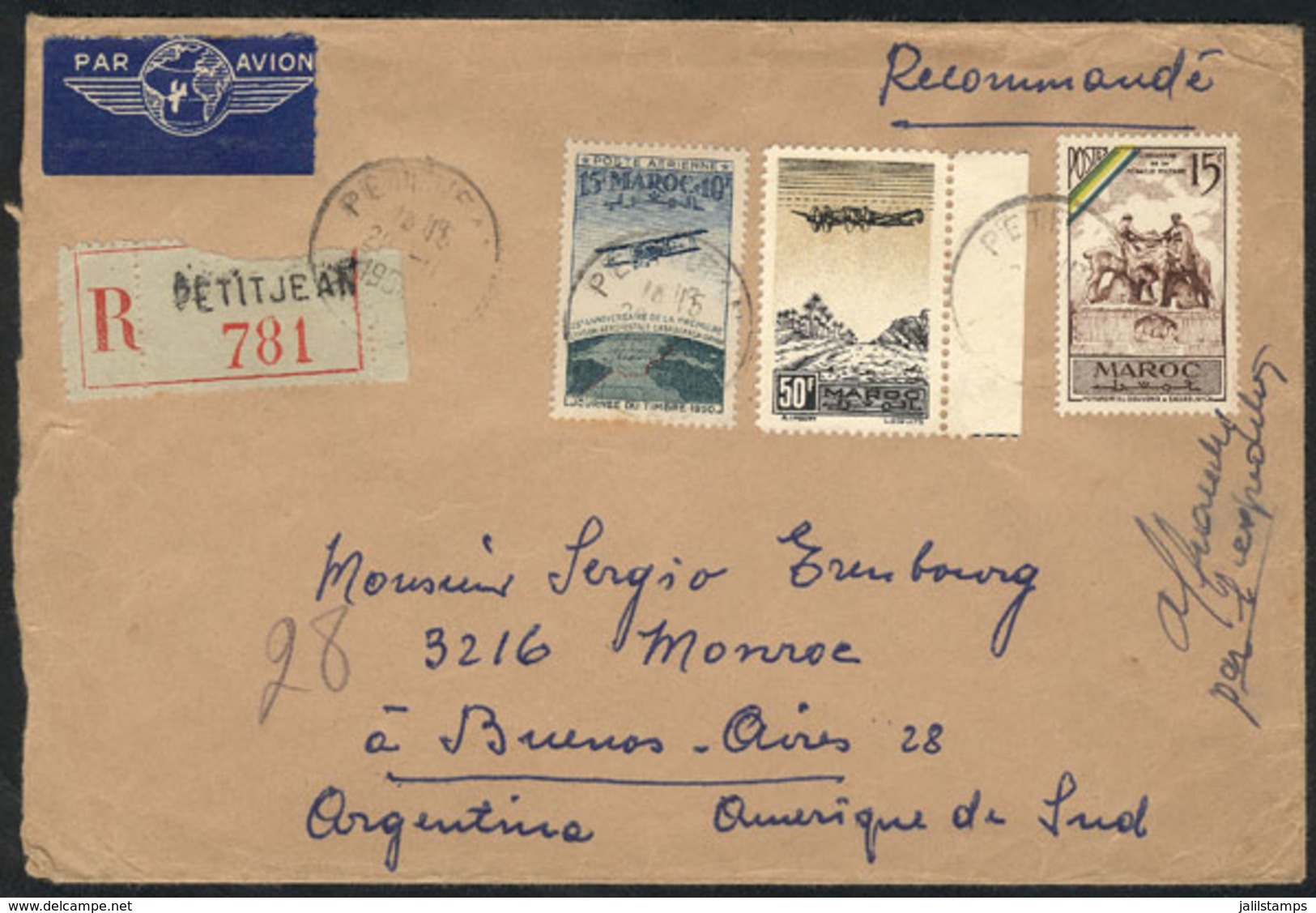 1568 FRENCH MOROCCO: Registered Cover Sent From Petitjean To Argentina On 20/NO/1954, Nice Franking, VF Quality. - Storia Postale