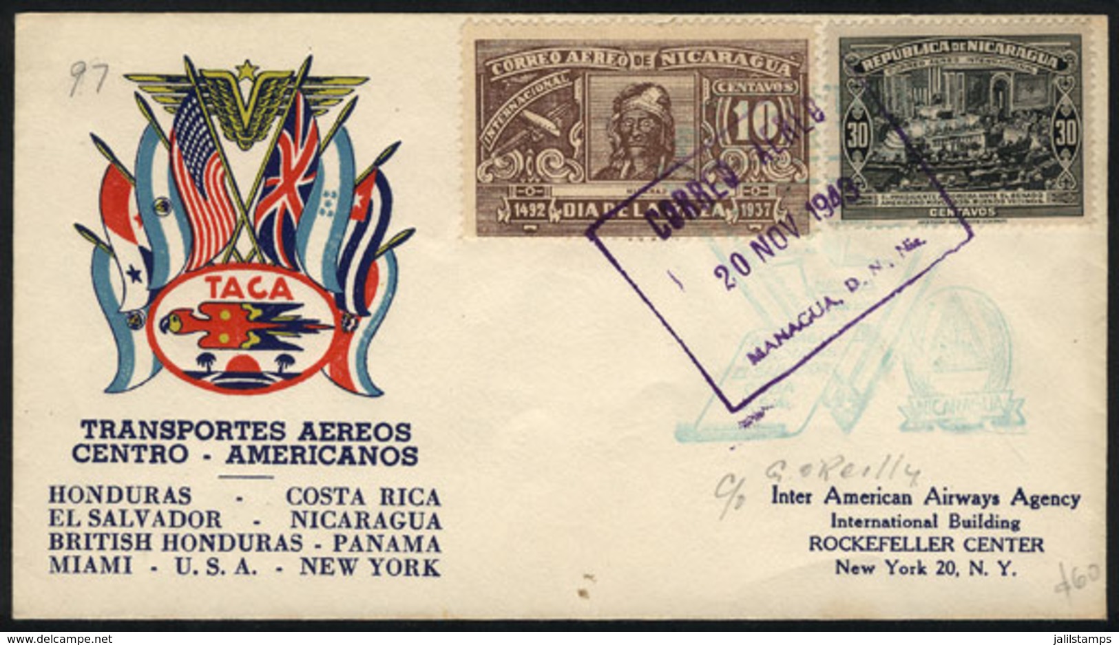 1596 NICARAGUA: 20/NO/1943 Managua - New York First Flight, Without Arrival Marks, Cover Of VF Quality! - Nicaragua