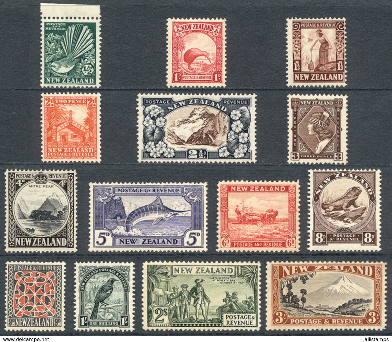 1618 NEW ZEALAND: Sc.203/216, 1936/42 Birds, Fish, Animals Etc., Complete Set Of 14 Mint Values (many MNH And Others Ver - Sonstige & Ohne Zuordnung