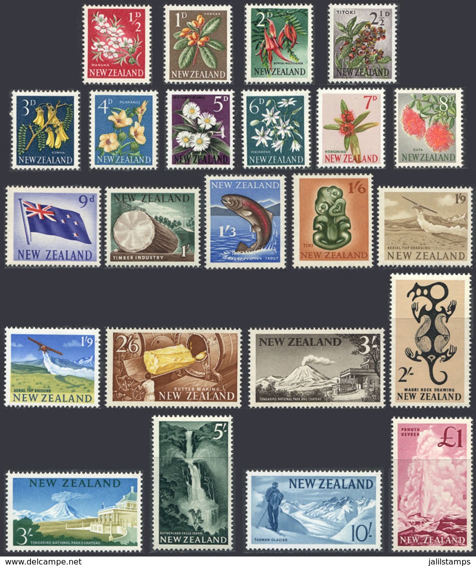 1621 NEW ZEALAND: Sc.333/352 + 360/1, 1960/6 Flowers, Birds, Volcanoes Etc., Complete Set Of 23 Unmounted Values, Excell - Other & Unclassified
