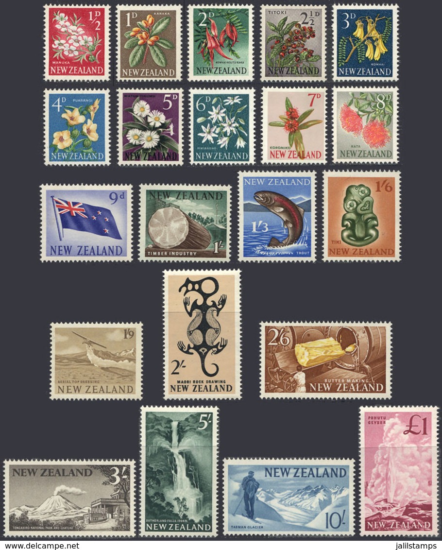 1622 NEW ZEALAND: Sc.333/352, 1960/6 Flowers, Animals, Landscapes Etc., Complete Set Of 21 Unused Values, Very Lightly H - Other & Unclassified