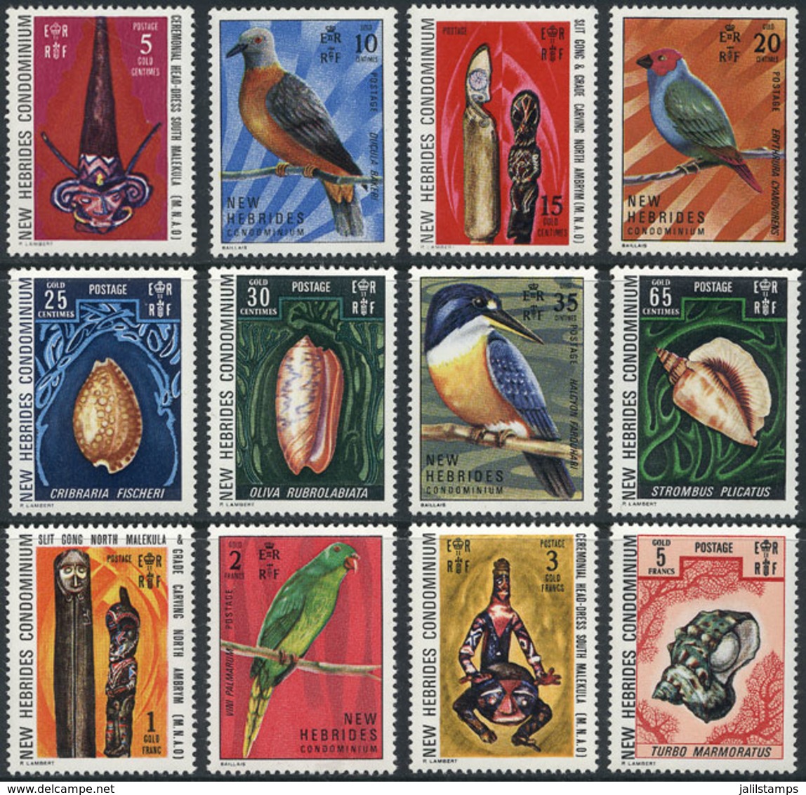 1629 BRITISH NEW HEBRIDES: Sc.155/166, 1972 Birds, Sea Shells And Art, Complete Set Of 12 Unmounted Values, Excellent Qu - Nuovi