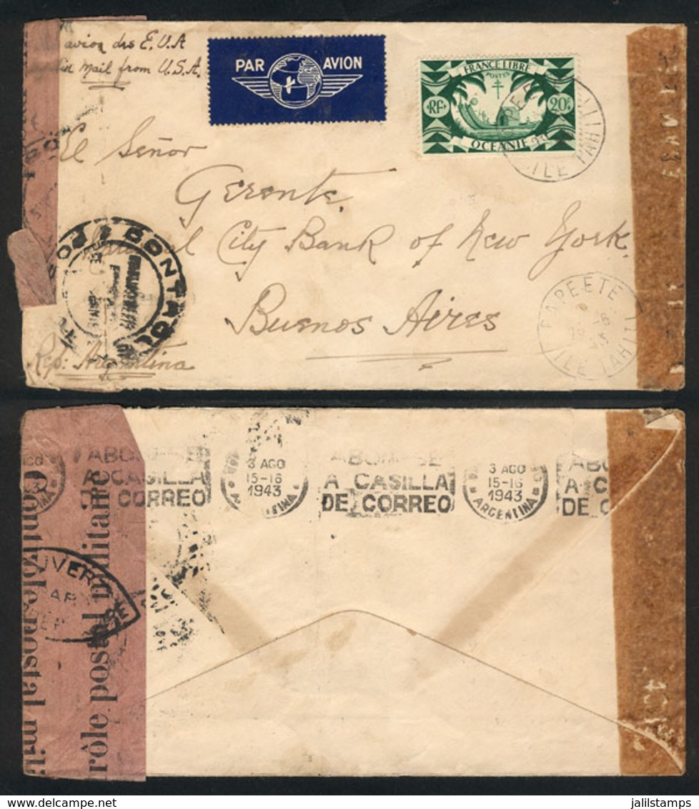 1633 FRENCH OCEANIA: Airmail Cover Sent From PAPPETE To Argentina On 26/JUN/1943 Franked With 20Fr., Double Censorship,  - Oceania (Other)