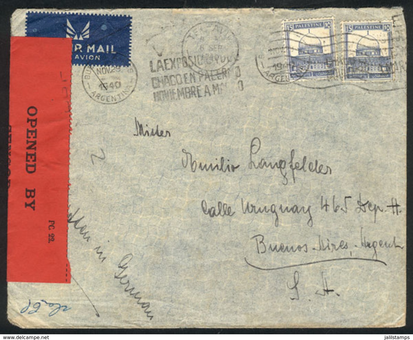 1635 PALESTINE: Cover Sent From Tel-Aviv To Argentina On 29/NO/1940 With Nice CENSOR Mark, Interesting! - Palästina