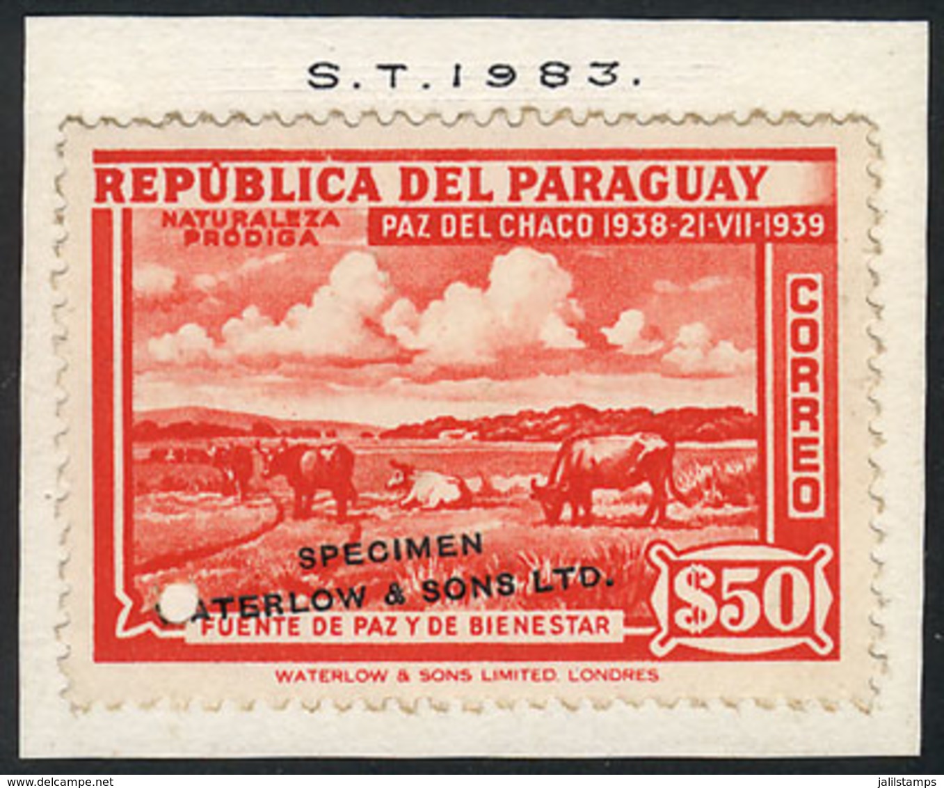 1645 PARAGUAY: Sc.372, 1940 50P. Cows, SPECIMEN Of Waterlow & Sons Ltd. In A Color Different From The Adopted One, With  - Paraguay