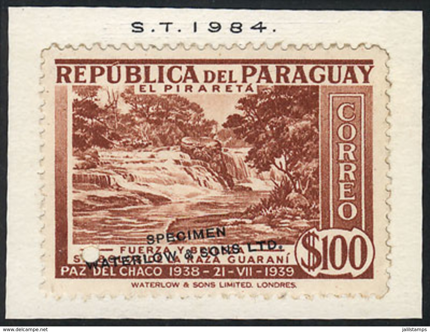 1646 PARAGUAY: Sc.373, 1940 100P. Piraretá Falls, SPECIMEN Of Waterlow & Sons Ltd. In A Color Different From The Adopted - Paraguay