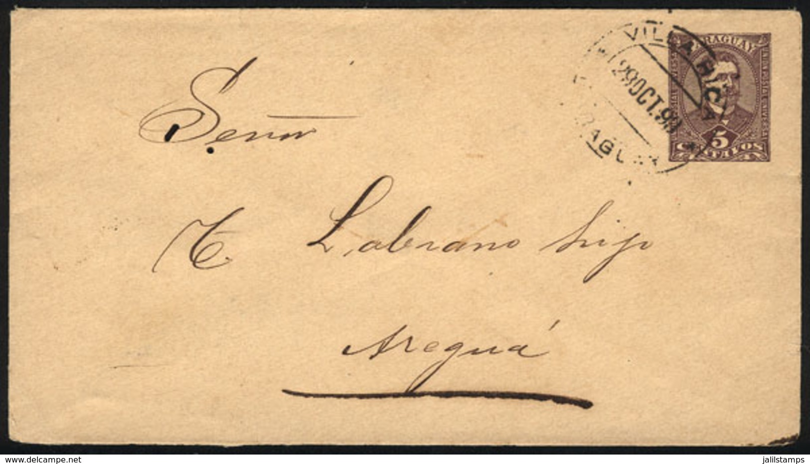 1650 PARAGUAY: 5c. Stationery Envelope Sent From VILLA RICA To Areguá On 29/OC/1899, With 2 Small Holes, Good Cancel! - Paraguay