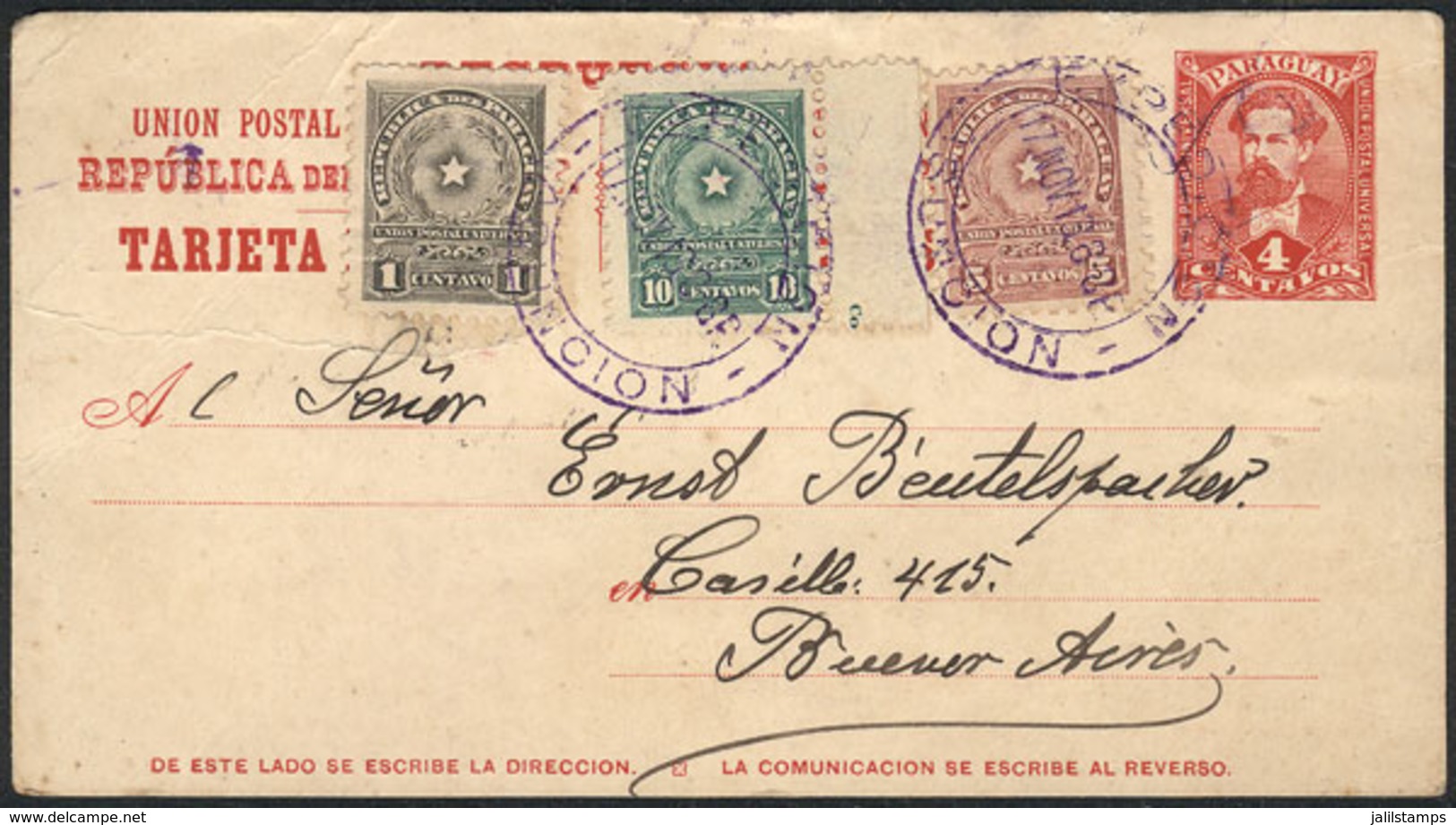 1652 PARAGUAY: Postal Card With Additional Franking (total 20c.) Sent From Asunción To Buenos Aires On 17/NO/1913, VF Qu - Paraguay