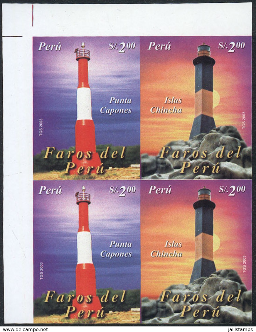 1659 PERU: Sc.1411, 2004 Lighthouses, IMPERFORATE BLOCK OF 4 Consisting Of 2 Sets, Excellent Quality, Rare! - Perù