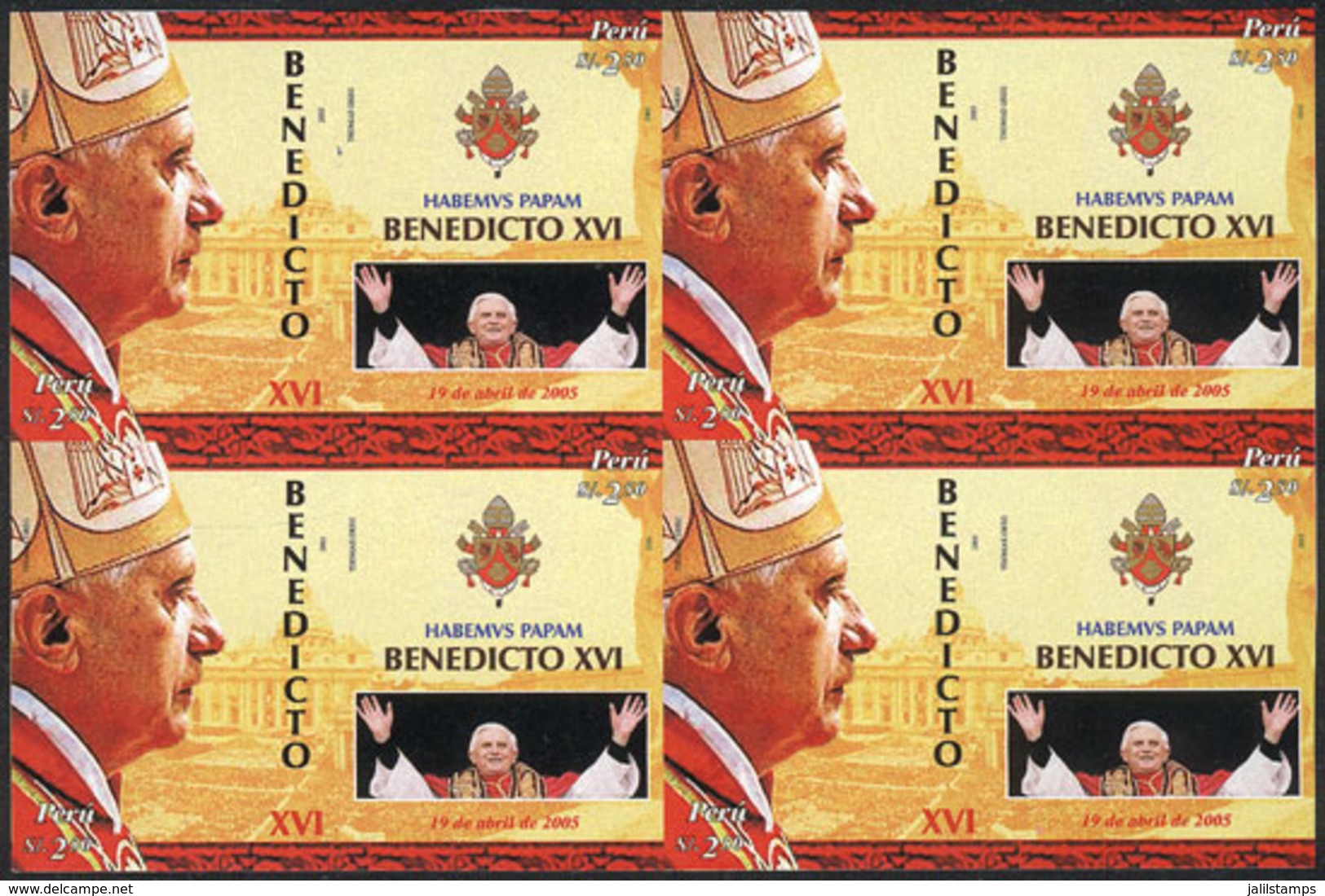1660 PERU: Sc.1489, 2006 Pope Benedict XVI, IMPERFORATE BLOCK OF 4 Consisting Of 4 Sets, Excellent Quality, Rare! - Perù