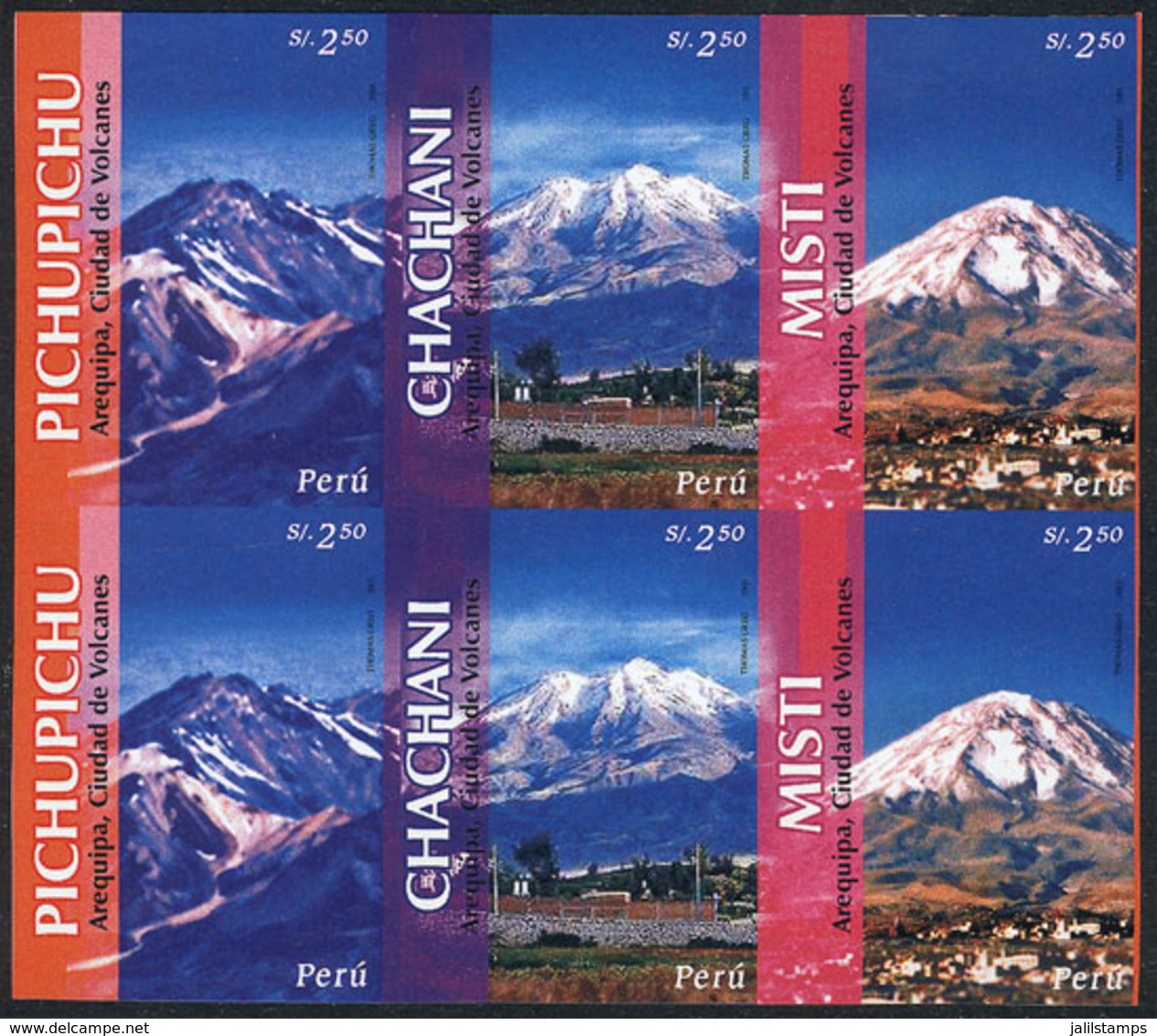 1664 PERU: Sc.1494, 2006 Volcanoes Near Arequipa, IMPERFORATE BLOCK OF 6 (2 Sets), Excellent Quality, Rare! - Perù