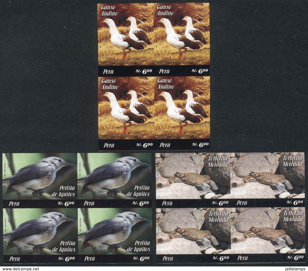 1673 PERU: Sc.1520/1522, 2006 Birds, Complete Set Of 3 Values In IMPERFORATE BLOCKS OF 4, Excellent Quality, Rare! - Perù