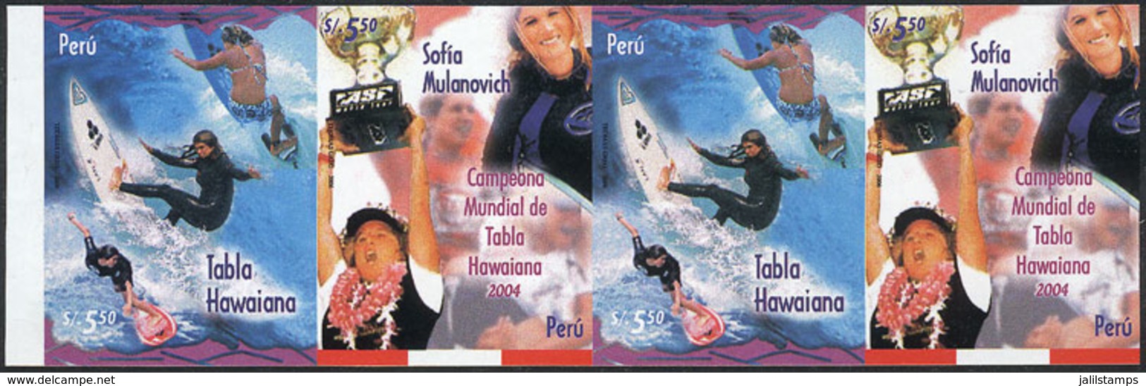 1674 PERU: Sc.1524, 2006 Sport (surfing), IMPERFORATE STRIP Consisting Of 2 Sets, Excellent Quality, Rare! - Perù