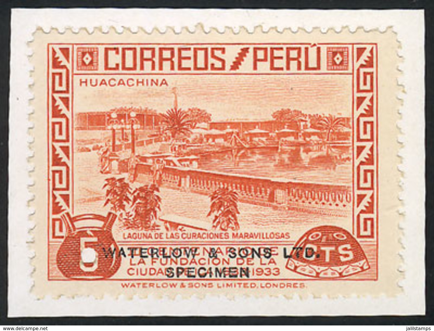 1679 PERU: Sc.333, 1935 5c. Huacachina, SPECIMEN Of Waterlow & Sons Ltd. In A Color Different From The Adopted One, With - Perù
