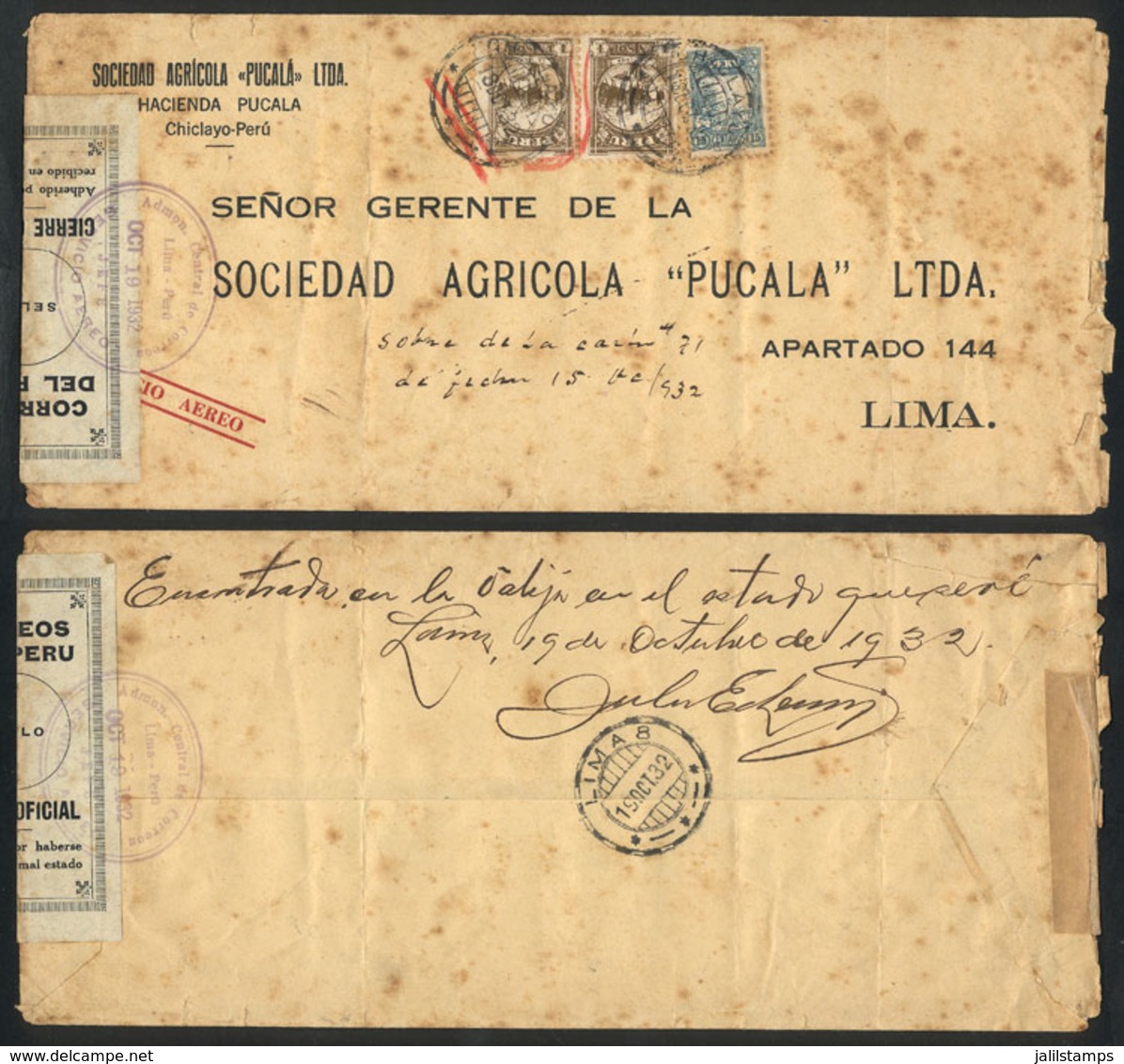 1686 PERU: Cover Sent From Chiclayo To Lima In 1932, On Back There Is A Manuscript Inscription: "Encontrado En La Valija - Perù