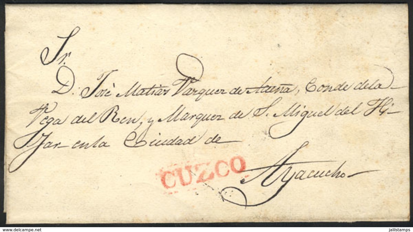 1690 PERU: Circa 1820: Folded Cover Sent To Ayacucho, With The Red Marking CUZCO (27.5 X 6 Mm) Perfectly Applied, Very F - Perù