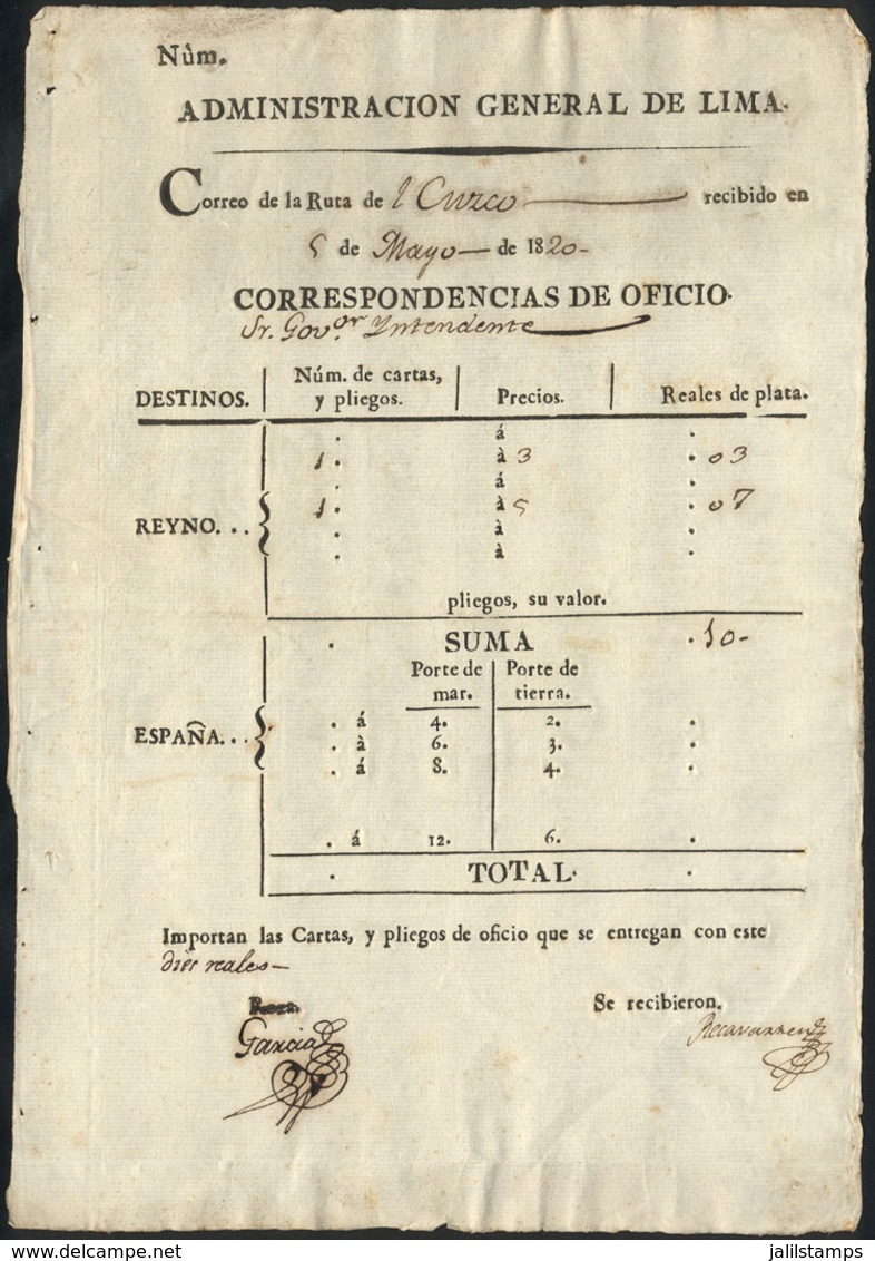 1692 PERU: Guide Of Official Correspondence Of 9/May/1820, Excellent Quality! - Peru
