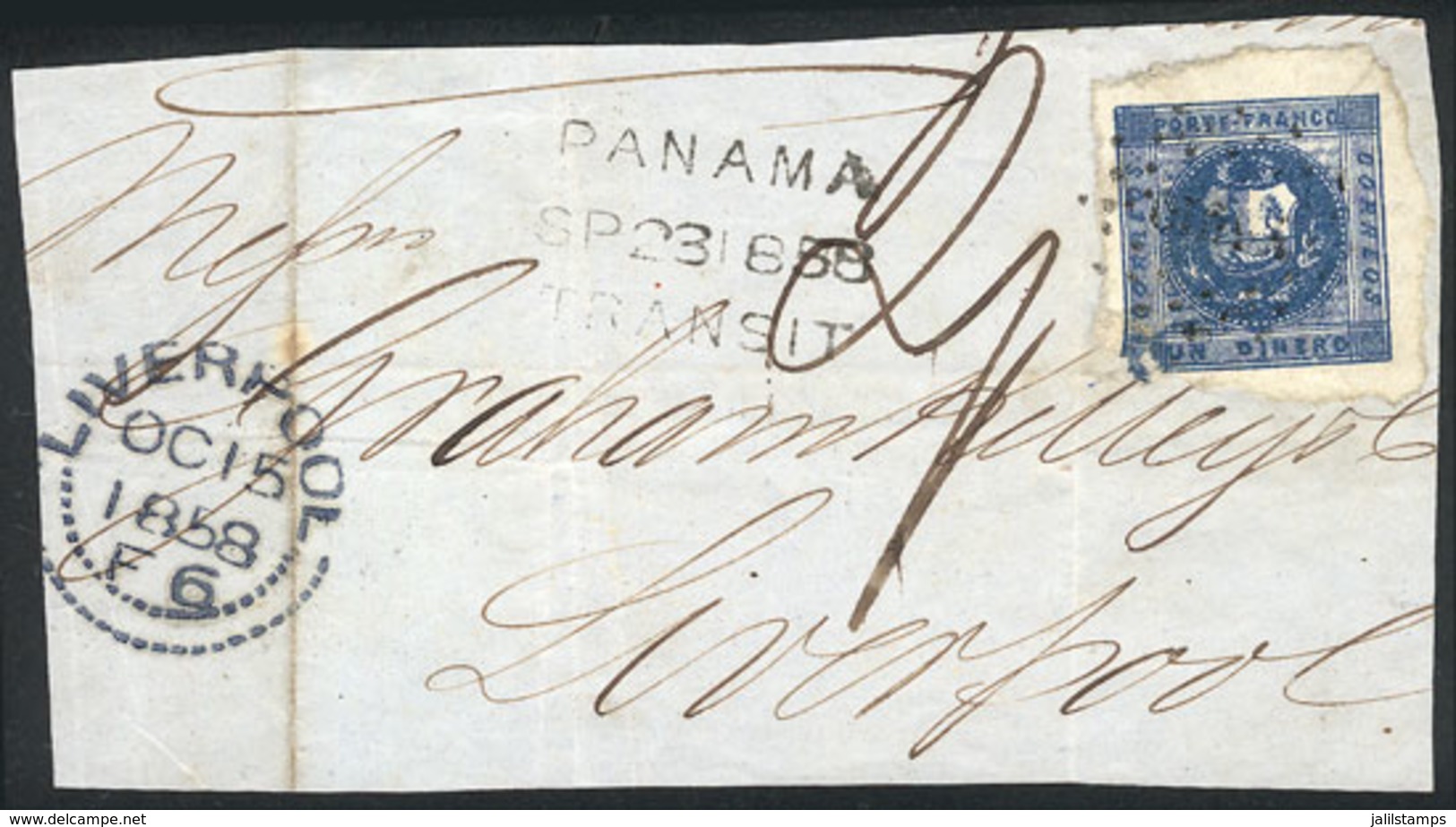 1695 PERU: Large Part Of The Front Of A Folded Cover Sent From Lima To Liverpool In SE/1858, Franked With 1 Dinero Blue  - Peru