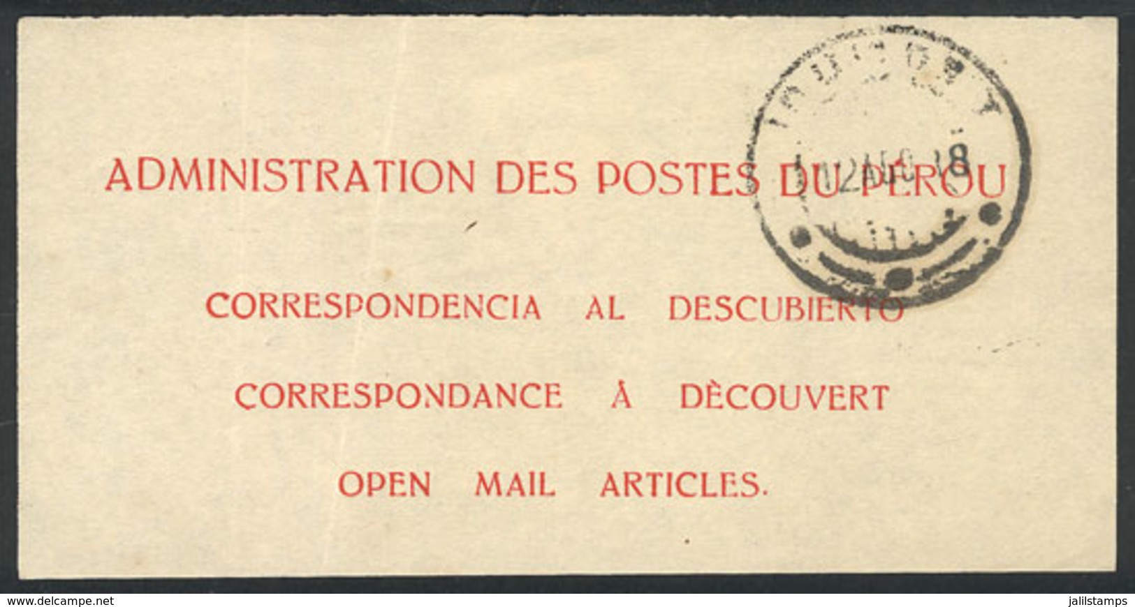 1704 PERU: Postal Label For ""OPEN MAIL ARTICLES"", Used In Iquique On 12/AU/1938?, VF Quality, Rare!" - Perù