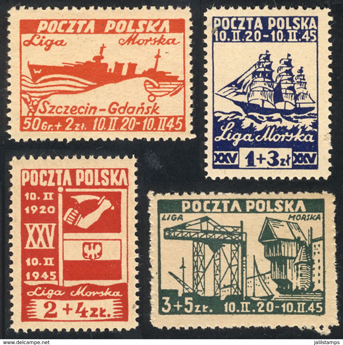 1708 POLAND: Yvert 446A/446D, 1945 Port Of Gdansk (ships, Crane), Cmpl. Set Of 4 MNH Values, VF Quality! - Other & Unclassified