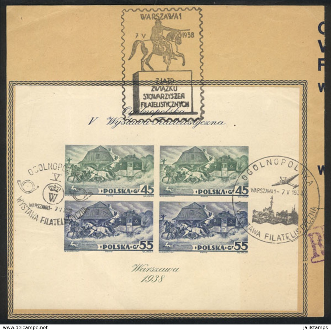 1711 POLAND: Sc.B29, 1938 Warsaw Stamp Expo (horses, Carriage), Imperforate Souvenir Sheet, Used On Large Fragment Of An - Other & Unclassified