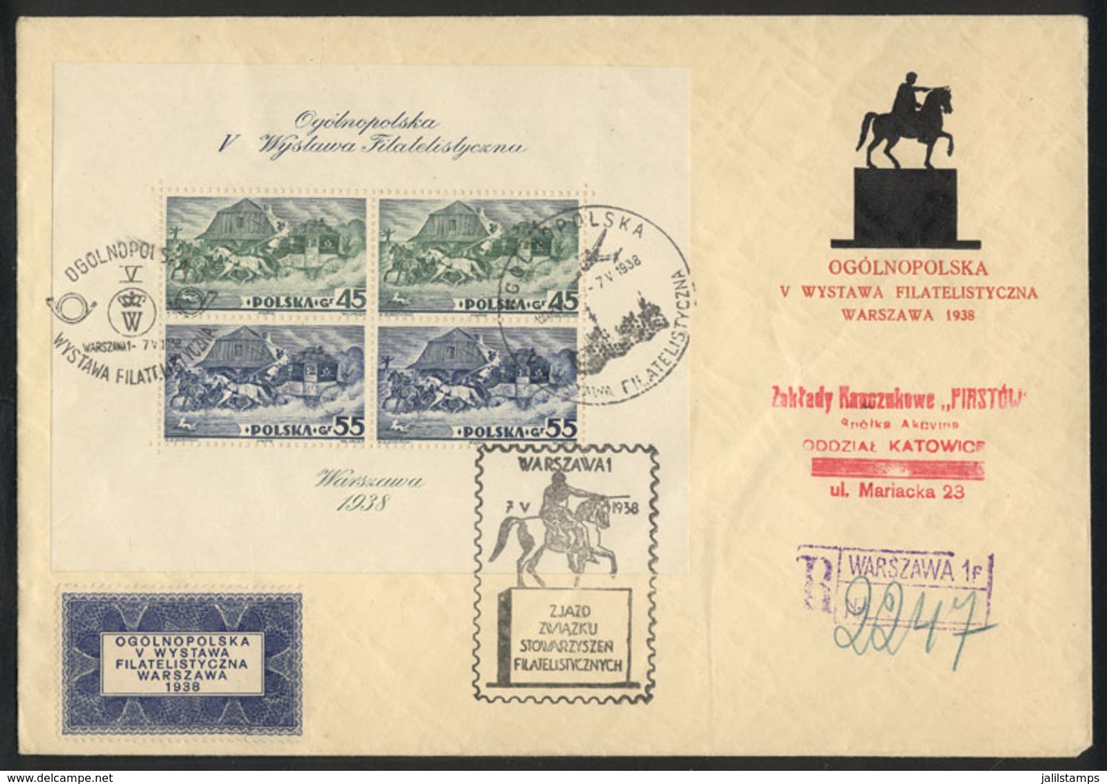 1713 POLAND: Sc.B29, 1938 Warsaw Stamp Expo (horses, Carriage), PERFORATED Souvenir Sheet Used On A Registered Cover, Wi - Sonstige & Ohne Zuordnung