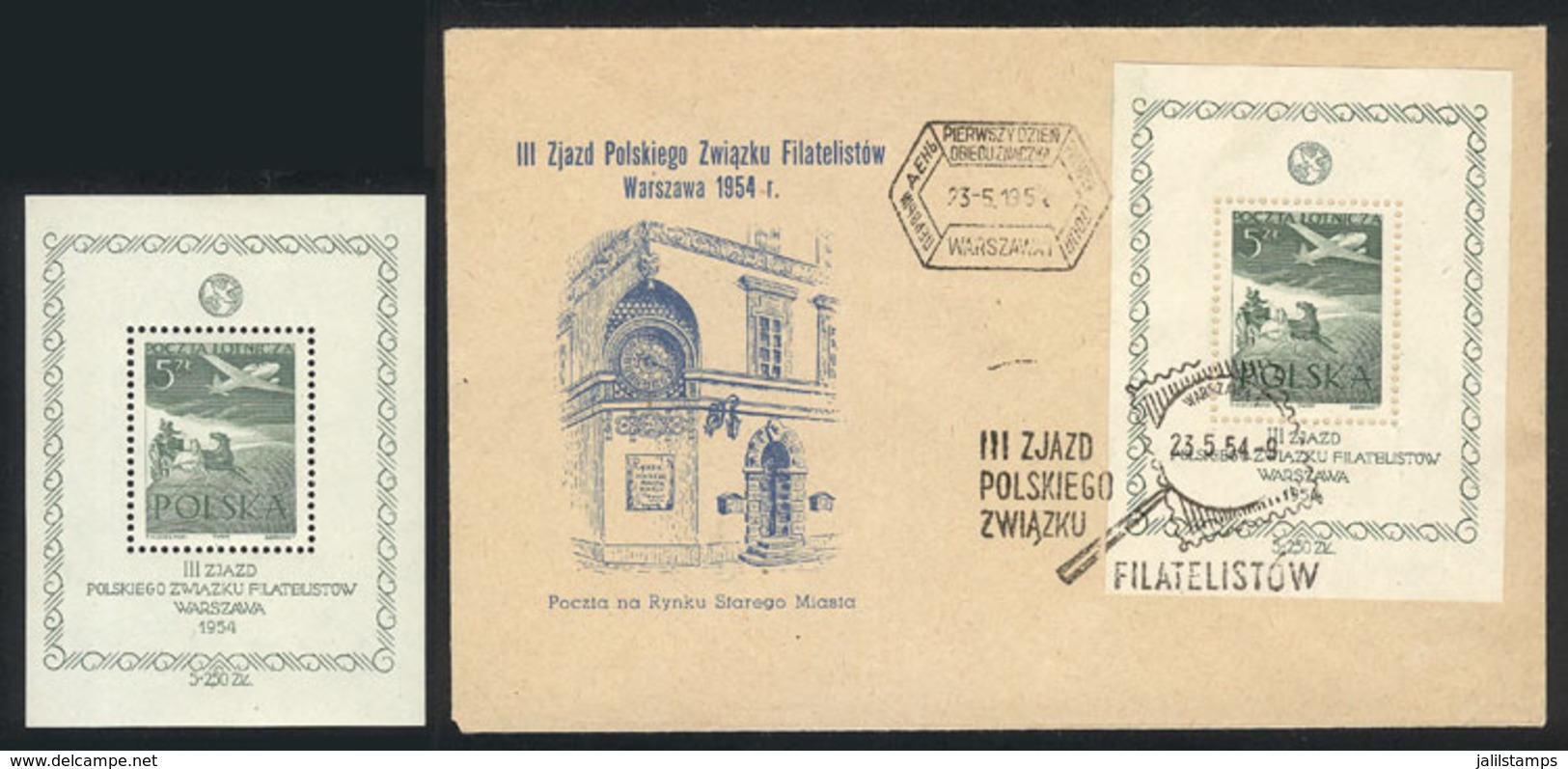 1717 POLAND: Sc.C34, 1954 Philatelic Congress, One MNH Souvenir Sheet And One On Cover With First Day Postmark, Excellen - Other & Unclassified